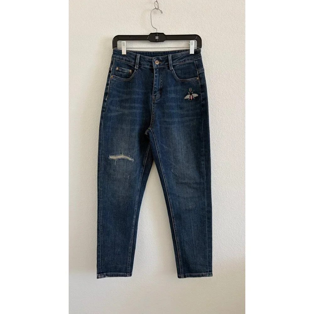 Bee Embroidered Jean Womens 27 x 27 Blue Tapered Stretch Denim Designer Inspired - Picture 2 of 12